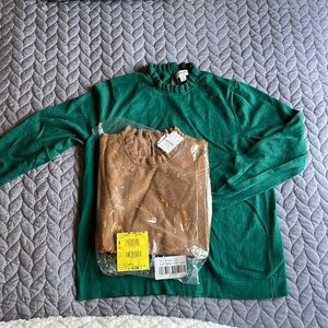 Bundle two J. Crew sweaters — one emerald green and one camel, same style
